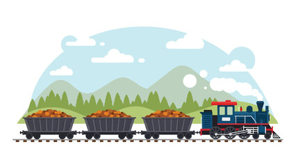 Modern vector illustration of mining train cart filled with ore on rail tracks, ideal for mining history, industry education, and resource extraction visuals