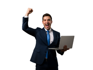Excited businessman with glasses celebrating success at laptop in modern office setting, fists raised in victorious gesture.