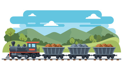 Modern vector illustration of mining train cart filled with ore on rail tracks, ideal for mining history, industry education, and resource extraction visuals