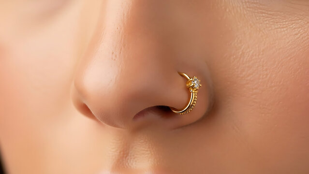 Gold and diamond nose piercing design displayed in a modern jewelry advertising style. Elegant detailing and luxury finish make it ideal for gold market promotions, fashion branding, and jewelry marke