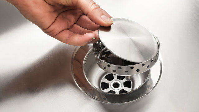 Cleaning a sink drain with a hand removing a metal strainer cover over a smooth surface.