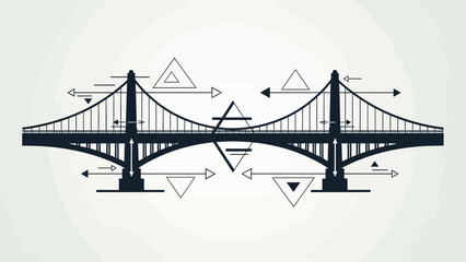 Fototapeta premium Stylized suspension bridge with geometric shapes and arrows.