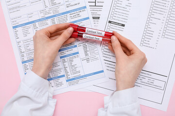 Obraz premium Female doctor's hands with blood samples of cortisol and laboratory test forms on pink background. Medical concept