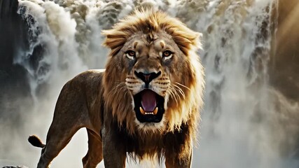 A magnificent and powerful male lion with a glorious golden mane stands majestically on a rocky outcrop gazing intently forward with an intense expression set against the breathtaking backdrop of a t.