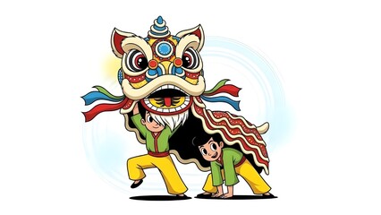 Naklejka premium A lively cartoon illustration showing two young performers in green tops and yellow pants maneuvering a vividly decorated lion dance costume, complete with colorful accents and a dynamic pose