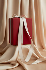 Elegant red gift box with cream ribbon on draped fabric background