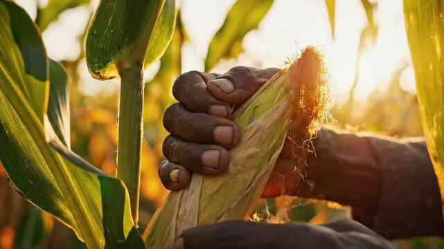 : Farmer's hands checking a ripe corn cob in the field at sunset