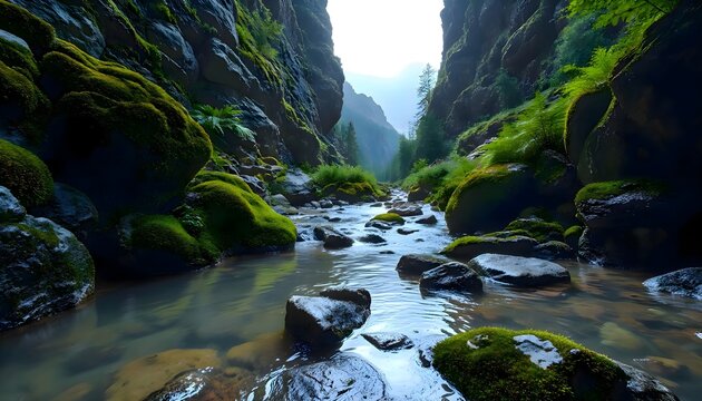 Stream running through a narrow canyon with moss on the rocks creating a scenic and tranquil nature landscape ideal for outdoor exploration and landscape photography - Powered by Adobe