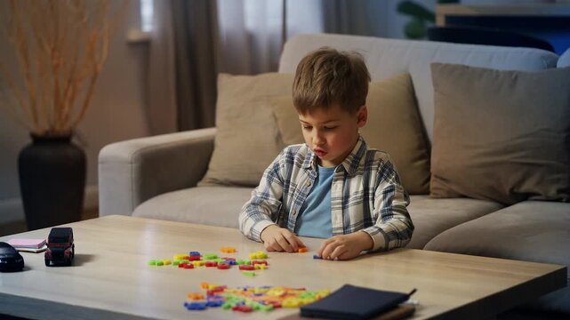 Thoughtful kid solving math equations using number toys, early STEM education