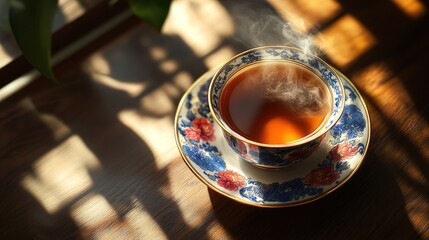 A cup of tea, antique porcelain with deep blue and red floral designs, steaming hot tea, rich dark oak table, cozy winter atmosphere, natural window light casting soft shadows, 