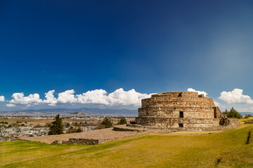 Scenic view of ancient Ehecatl Quetzalcoatl temple overlooking city of Calixtlahuaca, Mexico