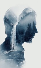 Double exposure portrait profile with winter waterfall and