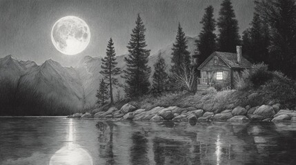 Rustic lakeside cabin under bright full moon and mountains
