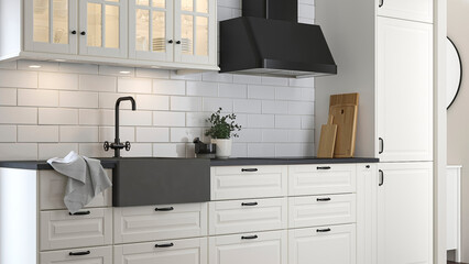 Modern kitchen design with white cabinets and black accents in a home layout showing preparation space and storage.