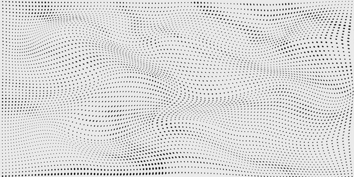 Black halftone wave background. Abstract grainy fluid texture. Dotted curved dot flow wallpaper. Grit swoosh overlay element for poster, banner, brochure, flyer, leaflet, template. Vector backdrop