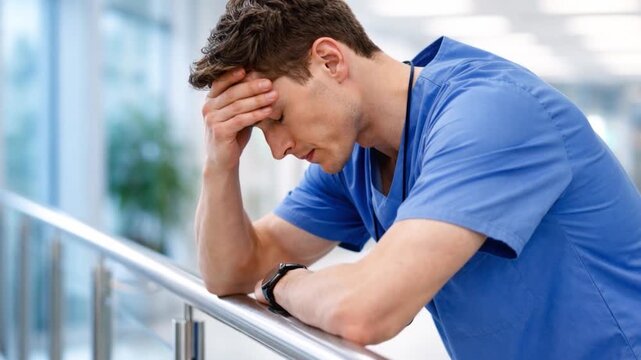 Surgeon, sad male medical assistant in clinic for grieving loss, operation failure and medical trauma. 