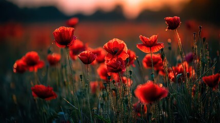 Obraz premium Field of Red Poppy Flowers at Sunset with Warm Golden Light and Soft Focus on Green Grass and Blurred Background in Nature