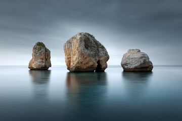 Three Moss Covered Rocks Emerging from Calm Sea with Soft Sky Reflecting on Water Surface in Long Exposure Shot