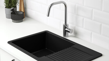 Modern kitchen sink with a sleek faucet and black surface in a bright setting displaying clean...
