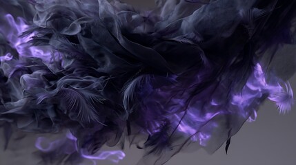 floating black veil made of smoke and feathers, glowing softly with purple aura, gothic fine art fashion, no mannequin, ethereal composition, misty background, highly detailed silk texture 