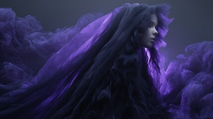 floating black veil made of smoke and feathers, glowing softly with purple aura, gothic fine art fashion, no mannequin, ethereal composition, misty background, highly detailed silk texture 
