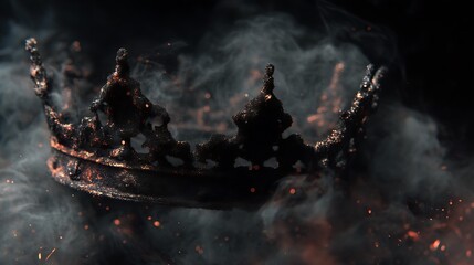 floating gothic crown made of burnt silver and ash particles, surrounded by dark fog and ember sparks, demonic royalty aesthetic, no human, ultra-realistic fine art render 