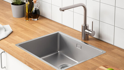 Modern kitchen sink with stainless steel finish on wooden countertop in a home setting.