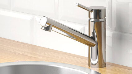 Modern metal faucet installed on kitchen counter near stainless steel sink with wood surface.