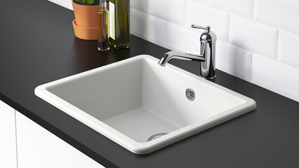 Modern sink and faucet setup in a kitchen with simple design and clean lines during daytime.