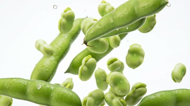 Fresh and tasty broad beans falling on white background