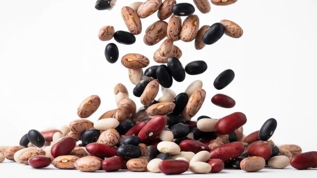 Different types of dry beans falling on white background