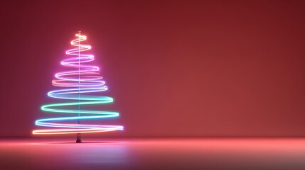 Futuristic Neon Christmas Tree Made of Glowing Colorful Light Rings on Dark Grid Background, Abstract Holiday Decoration