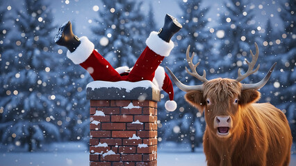 A funny Christmas scene showing Santa Claus stuck upside down in a rooftop chimney while delivering gifts on Christmas Eve, as a curious cow reacts humorously nearby