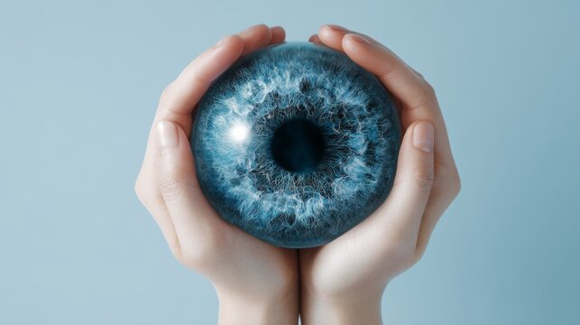 Dark-skinned hands gently holding a large realistic blue iris sphere against a light blue background