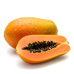 Fruta de papaya fresca con gotas de agua sobre fondo blanco