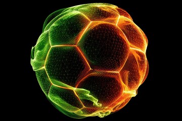 Abstract Luminous Soccer Ball Shape Glowing With Green and Orange Particles On a Black Background