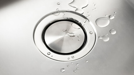 Water droplets gather around a metal sink drain in a kitchen during the morning hours.
