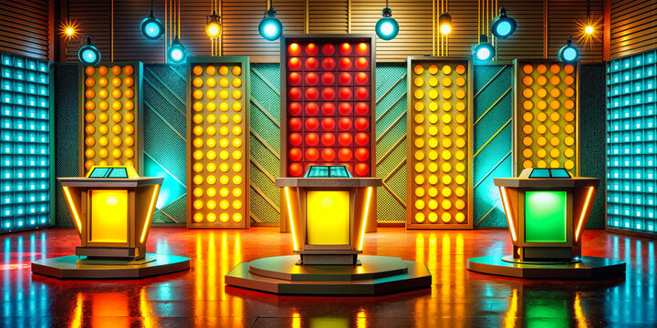 Colorful retro game show stage featuring podiums and vibrant lighting for a dynamic television experience