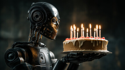 Futuristic Black Robot Holding Birthday Cake with Lit Candles, Artificial Intelligence Celebration and Human Technology Concept