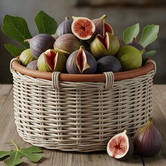 Higos frescos en una cesta de mimbre sobre una mesa de madera con hojas verdes.