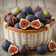 Higos frescos en una cesta de mimbre sobre una mesa de madera r&uacute;stica