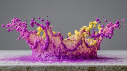 Dynamic Splash of Purple and Gold Liquid on a Smooth White Surface with Gray Backdrop Creates Crown Like Formation