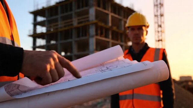 Construction workers reviewing building plans on site at sunset
