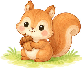 Cute Watercolor Squirrel with Acorn &mdash; Forest Woodland Animal Illustration for Kids