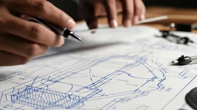 Engineer designing blueprints with pen on technical drawing