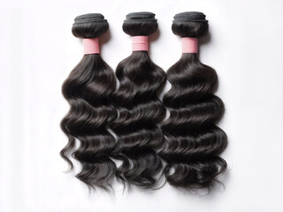 Three Bundles of Wavy Black Hair Extensions on White
