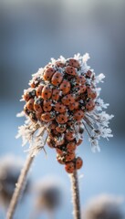 A Cluster Of Red Ladybugs Clinging To A Frost Covered Plant Head In Cold Winter Morning Light