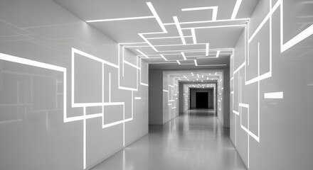 Modern futuristic hallway with geometric light patterns and reflective floor