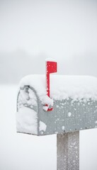 Rustic Metal Mailbox Covered In Soft Snow With Bright Red Flag Standing Tall In A Winter Landscape