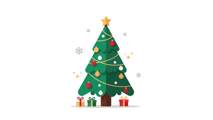 Modern Flat Christmas Tree with Ornaments, Star, Snowflakes, and Gift Boxes